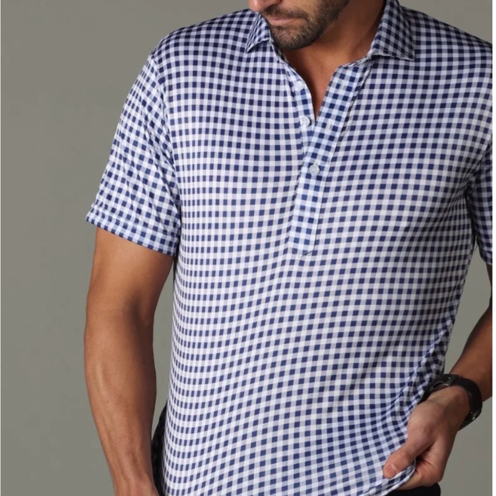 Collars & Co Navy and White Gingham Polo Shirt - Picture 4 of 11